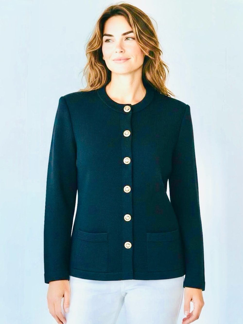 ST. JOHN Basics Vintage Navy Santana Knit Gold Crest Button Cardigan Jacket Sz M